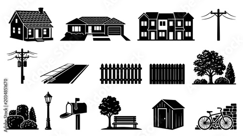 Black and White Vector Icons of Suburban House, Street, Fence, Mailbox, Tree, Shed, Bike