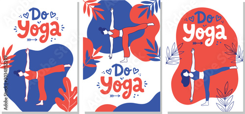 Yoga poster set with woman in balance pose, flat vector illustration, red and blue fitness cards isolated on White Background