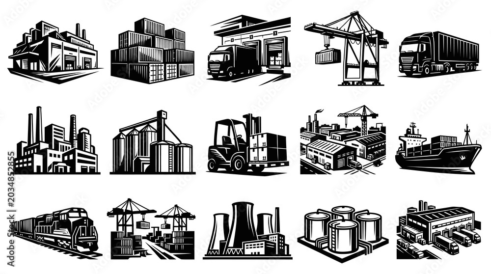 Obraz premium Industrial Logistics and Transportation Icons Set - Black White Monochrome Vector Illustrations