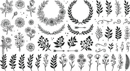 Floral ornament collection black and white vector illustration on white background