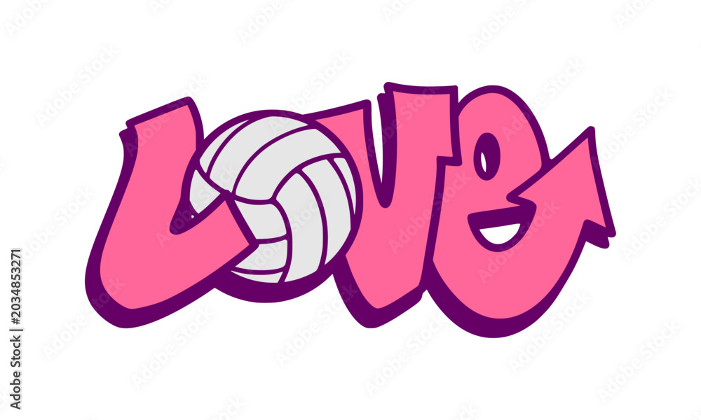 Obraz premium Pink and purple graffiti love word typography graphic displaying volleyball sports ball element with arrow tail for alternative youth culture streetwear apparel merchandise layout clip art.