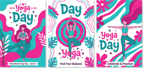 Yoga Day, Fitness Posters, Colorful Illustrations, Exercise Banners, Healthy Lifestyle isolated on White Background