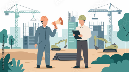 Quadro su tela Construction workers on a building site with cranes and excavators
