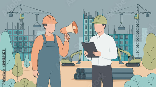 Tableau sur toile Construction site communication: Worker with megaphone and supervisor