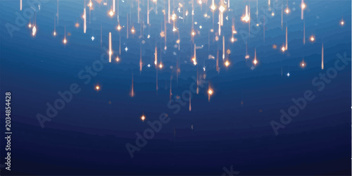 Foto Abstract shimmering golden light particles falling on a deep blue background wit