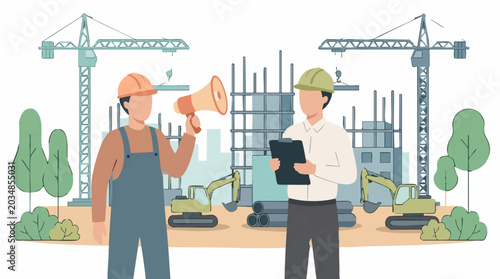 Tableau sur toile Construction site workers communicating project plans with manager