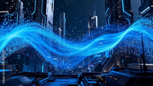 Futuristic cityscape with neon skyscrapers and a blue digital wave flowing through streets