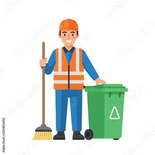 Professional street cleaner character holding a broom and standing next to a green trash bin.