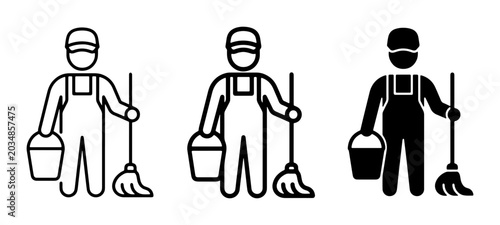 Foto Cleaning service icons, janitor with mop and bucket, simple vector illustrations
