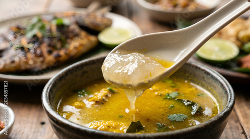 Close-up papeda dipped into yellow fish broth on a ceramic spoon, showing sticky sago texture for recipes, menus, and food storytelling.