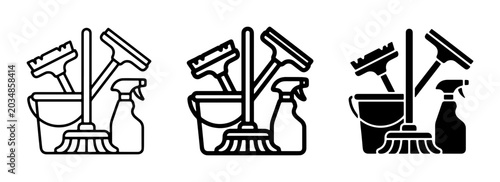 Foto Cleaning supplies icons, household chores vector set, janitorial service tools,