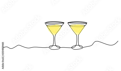 Foto Continuous Line Art Drawing of Two Martini Glasses with Yellow Liquid