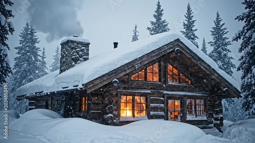 Cozy Log Cabin in Snowy Forest with Warm Light