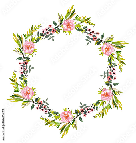 cornice floreale ad acquerello con fiori primaverili. Graziosi fiorellini rosa retrò disposti a forma di cerchio per auguri, biglietti di compleanno biglietti per nozze