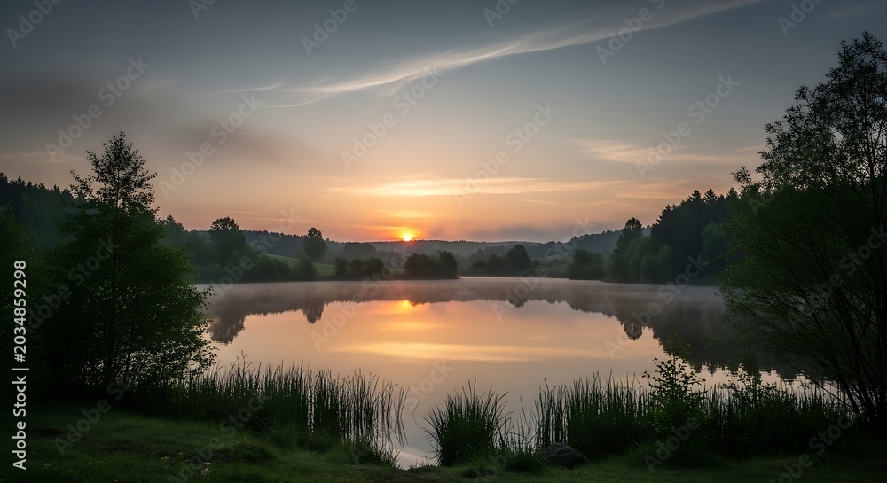 Obraz premium Serene morning sunrise over a reflective lake surrounded by misty forests and lush greenery in a peaceful nature landscape setting with soft golden glow