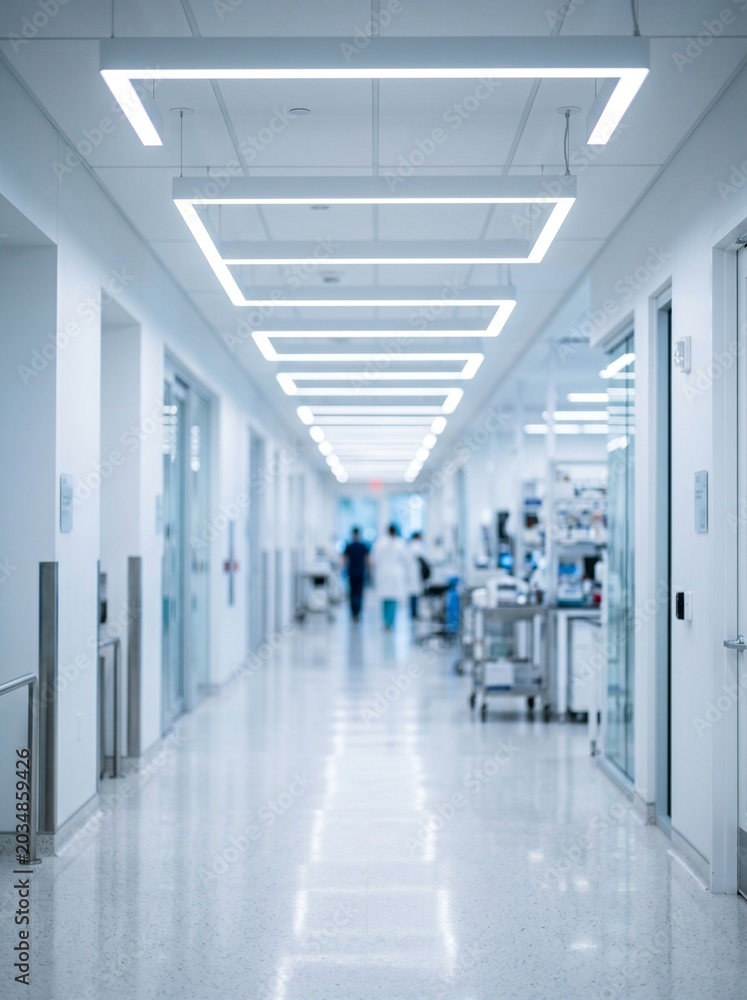 Fototapeta premium blurred hospital corridor, empty medical hallway, bright ceiling lights, shiny floor reflection, clean clinic interior, out of focus, blurred background people, long corridor view, bright indoor light
