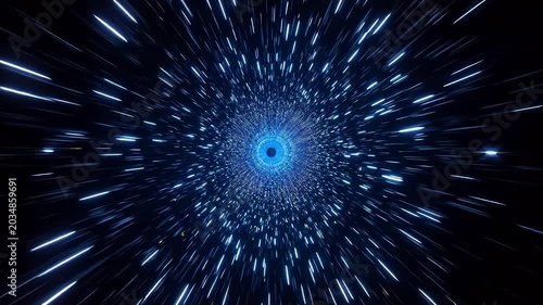 Starfield warp tunnel with radial light streaks zooming into black hole in space