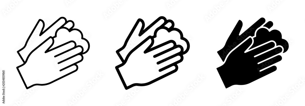 Obraz premium Hand Washing Icons, Hygiene and Cleanliness Vector Graphics, Soap Bubbles and Hands Symbol Set