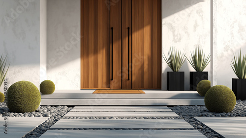 Minimalist luxury house entrance with large wooden front door and elegant spherical topiary landscaping
