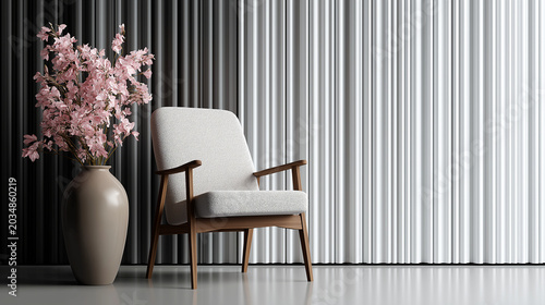 Modern armchair next to ceramic vase with cherry blossom flowers against fluted panel wall background