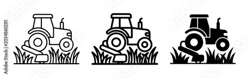 Bild auf Leinwand Tractor Mowing Grass Icons Set, Agricultural Machinery Vector Graphics, Farm Equ