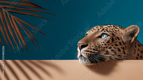 Leopard portrait with blue eyes looking up behind border with palm leaves on dark blue background