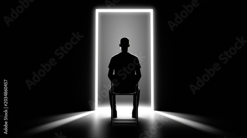 Man silhouette sitting on chair in front of glowing neon portal doorway in dark room
