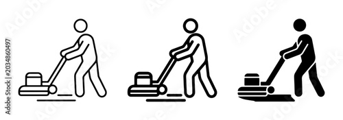 Photos Floor buffer icon, cleaning person with polishing machine, set of 3 simple vecto