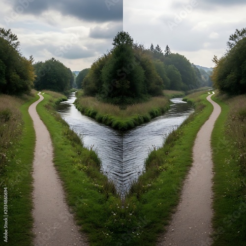 Symmetrical landscape featuring a serene river flowing through lush green meadows and forested banks under a cloudy sky creating a peaceful nature reflection view