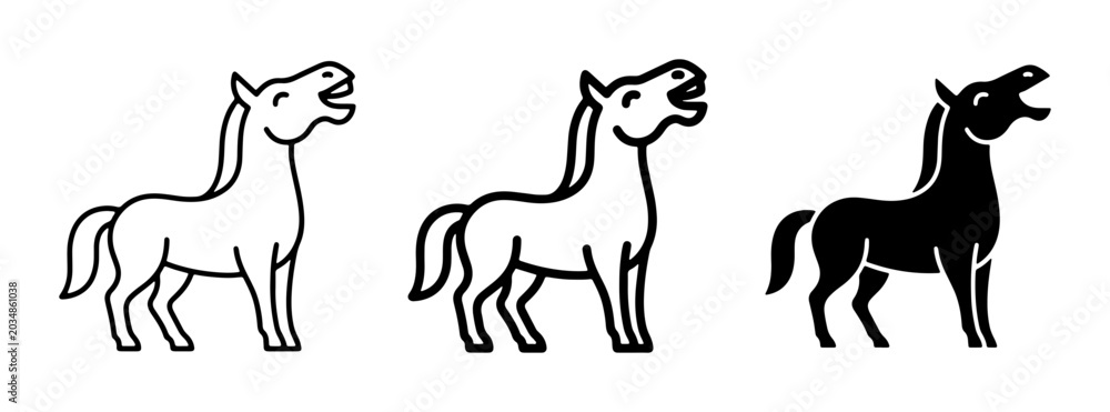 Obraz premium Horse Icons, Equine Silhouette, Animal Graphics Set: Three stylized horse illustrations in outline and solid black, representing equestrian themes and farm life.