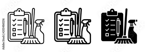 Fotografi Cleaning Checklist, Broom, Spray Bottle, and Clipboard Icons Set: Professional S