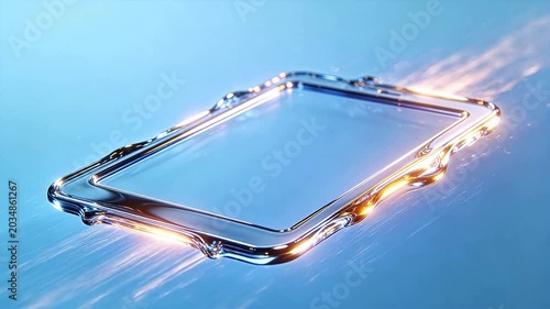 Futuristic transparent rectangular frame with metallic edges and glowing light on blue background