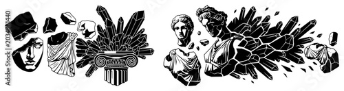 Schilderij op canvas Broken classical antique statues and columns with growing crystal clusters in gr