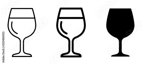 Cuadro en lienzo Set of three wine glass icons, outline and solid fill, representing beverage service and barware design elements for hospitality and celebration graphics