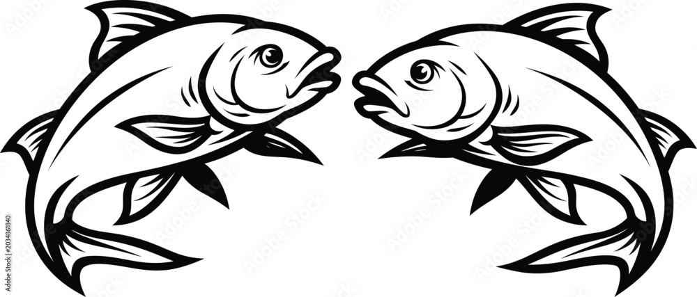 Obraz premium Jumping fish Black and white graphic illustration