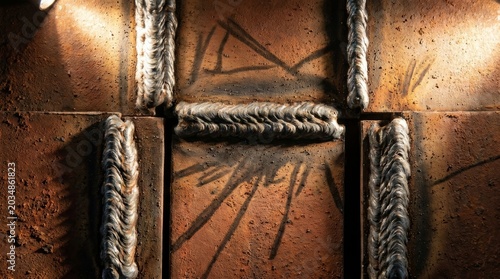 Close-up of heavy industrial welding on rusted metal plates showing strong weld beads and gritty metallic texture.