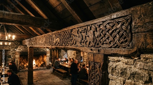 Intricate Norse Wood Carving Adorning a Medieval Viking Hall with Patrons Gathering for a Feast