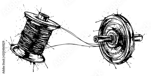 Cuadro en lienzo Mechanical wire spool and wheel pulley illustration with grunge ink splatters