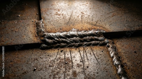 Macro view of industrial weld bead joining rusty metal plates in a factory setting