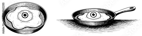 Foto Surreal fried egg with human eyeball yolk in frying pan sketch