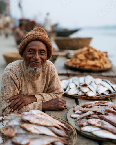 Warm smile graces a weathered fisherman's face. Hands rest gently over fresh catch, showing quiet pride. Plates hold silvery fish and squid, arranged for sale