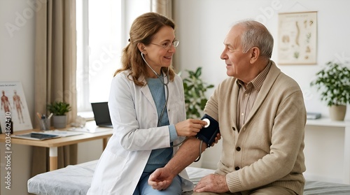 Doctor checking blood pressure of senior patient in clinic