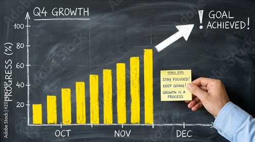 Hand placing a sticky note on a chalkboard showing a bar chart representing q4 growth and goal achieved milestone