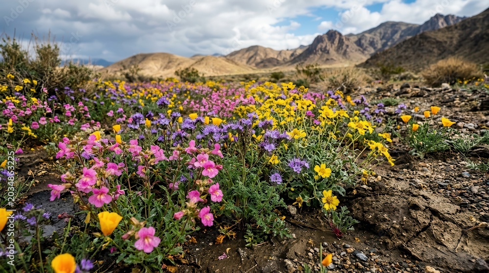 Obraz premium Vibrant Desert Wildflower Bloom in Spring with Mountains and Clouds