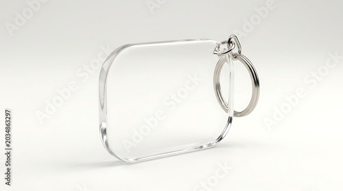 Isolated rectangular clear acrylic keychain with silver metal ring for branding custom merchandise and promotional gift display