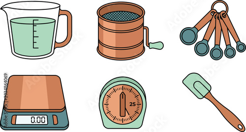 Photos Set of kitchen baking tools including measuring cup sifter spoons scale timer an