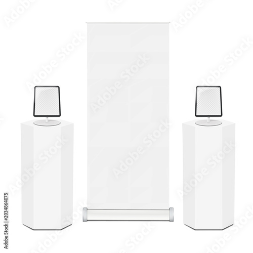 Exhibition set template. Tradeshow blank white plinth for brand design, tabletop digital tablet stands, roll-up retractable banner. Realistic mockup. Trade show kit. vector mock-up