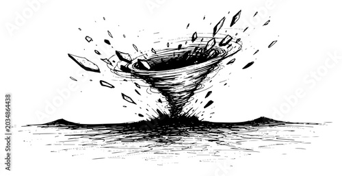 Photos Tornado whirlwind with flying debris and shattered particles in hand drawn engra