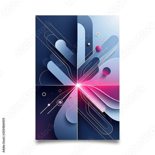 Abstract geometric composition featuring vibrant pink light rays and dynamic blue rounded shapes in a modern minimalist style for sophisticated digital art design