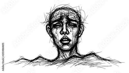 Fotografía Crying human head expressing sadness and grief emerging from messy ground in cha